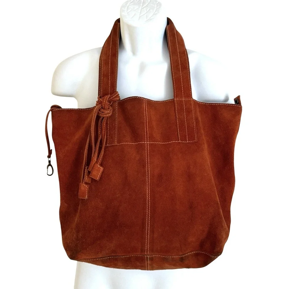 Leather Suede Brown Cognac Purse‎ Bag Boho Bohemian Stitching Key Strap Lining